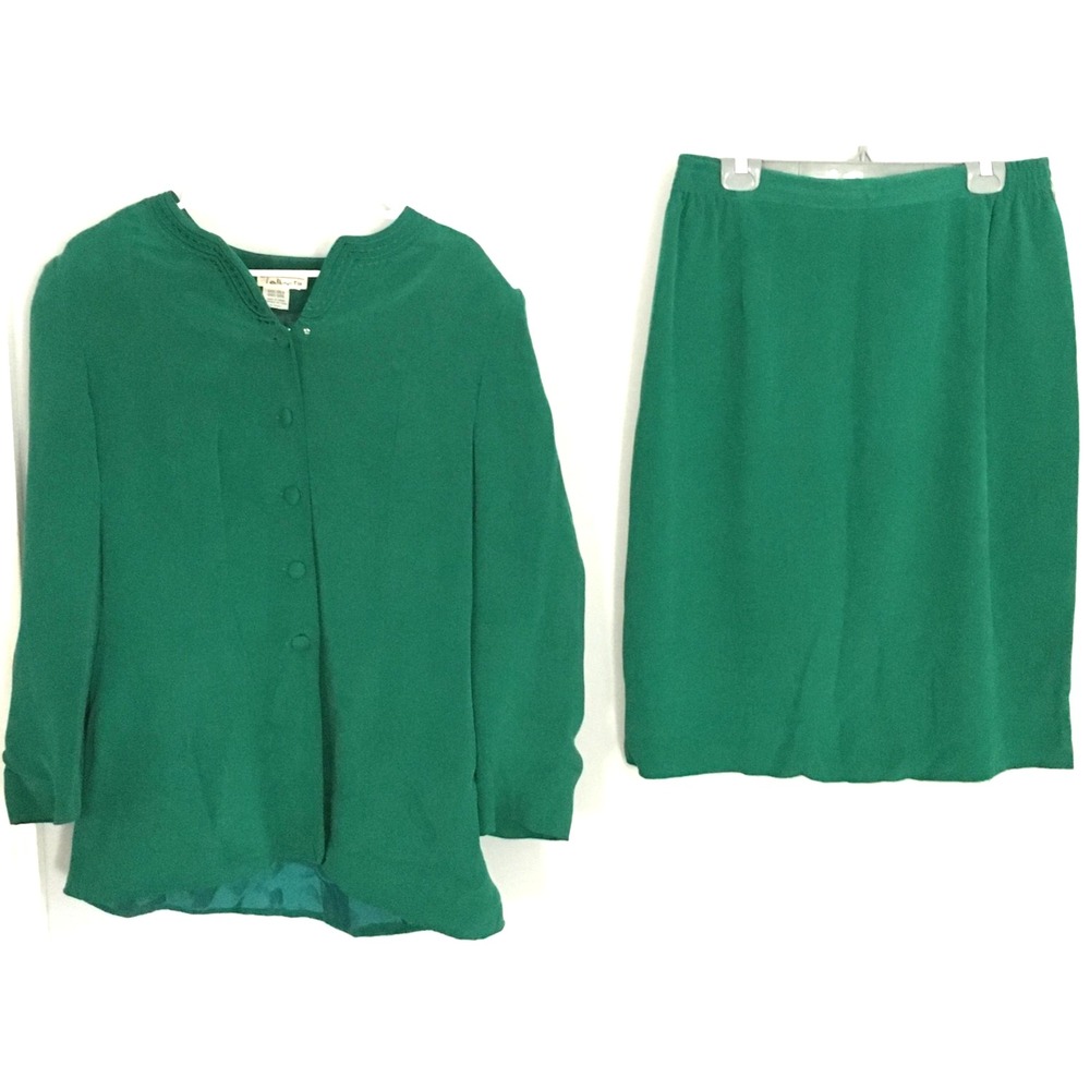 Talbots Skirt Suit/Blazer Womens 10-12 Green 100% Silk Two Piece Set Lined Vtg